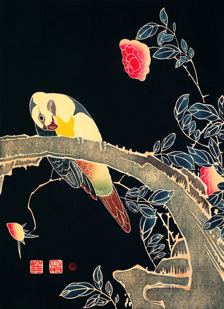 Parrot on the Branch of a Flowering Rose Bush (ca. 1900) illustration by Ito Jakuchu. Original from The MET Museum.…