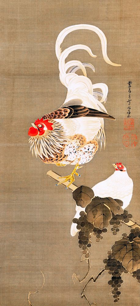 Hen and Rooster with Grapevine (1792) illustration by Ito Jakuchu. Original from The MET Museum. Digitally enhanced by…