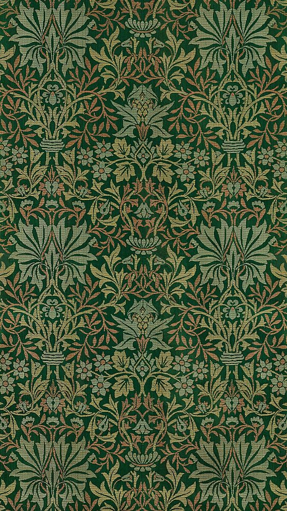 Green leaves iPhone wallpaper, William Morris pattern. Remixed from public domain artwork.