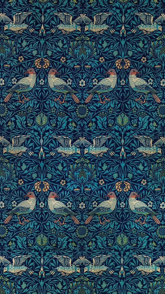 William Morris mobile wallpaper, blue botanical pattern. Remixed from public domain artwork.