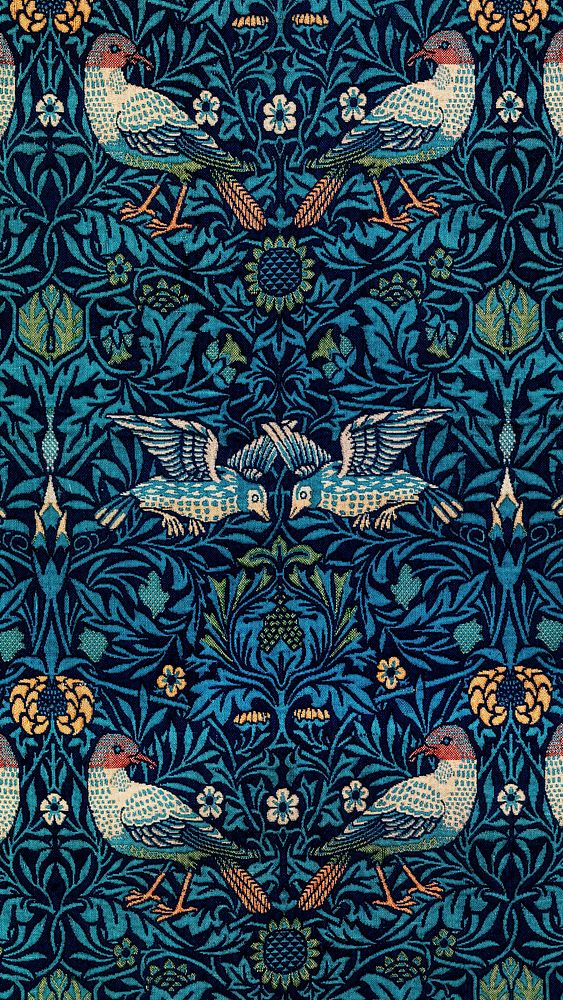William Morris mobile wallpaper, blue botanical pattern. Remixed from public domain artwork.