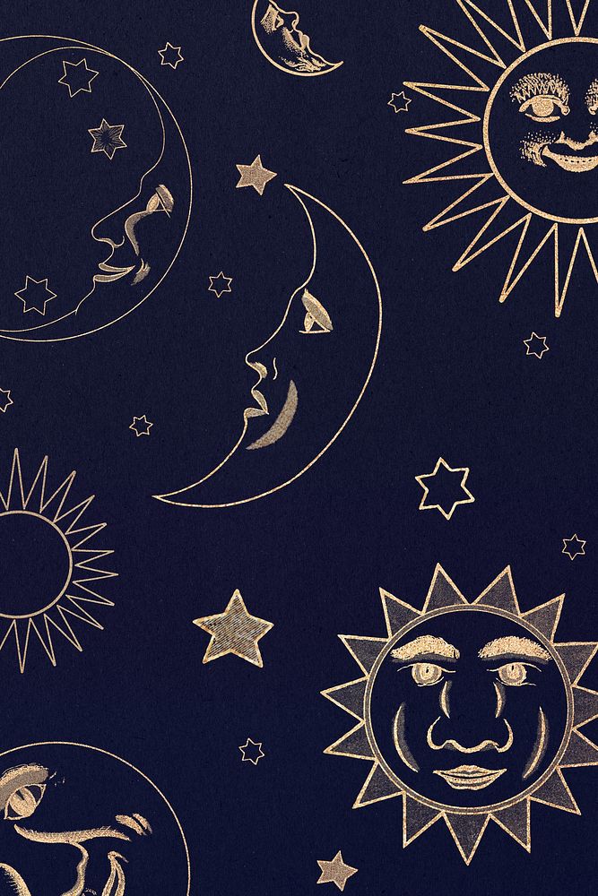 Gold celestial sun, moon and stars pattern on black background design element