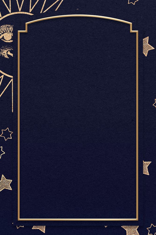 Gold celestial sun face and stars frame on black background design element