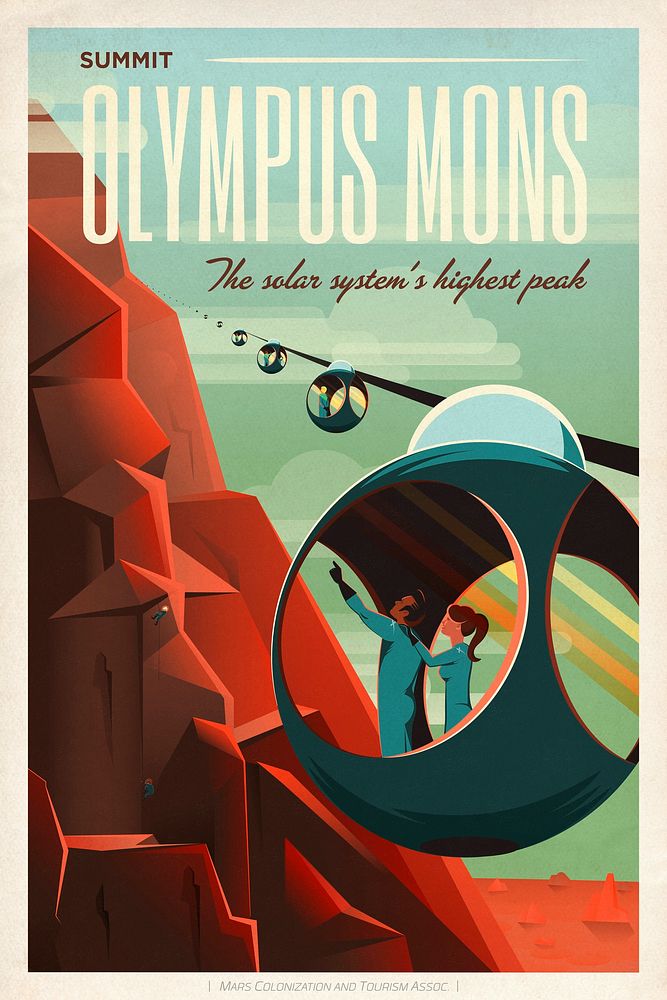 Travel Poster: Olympus Mons (2015). Adventure Awaits! Explore Mars&rsquo; Ultimate Vacation Destinations. Original from…