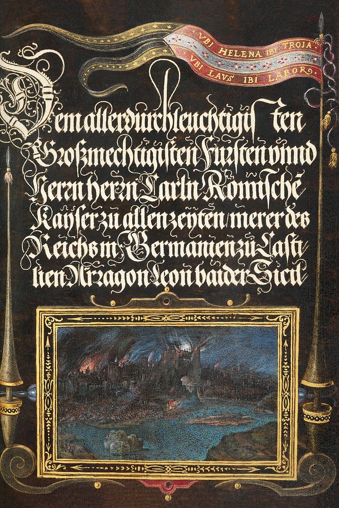 The Burning of Troy; Banner of the House of Hapsburg from Mira Calligraphiae Monumenta or The Model Book of Calligraphy…