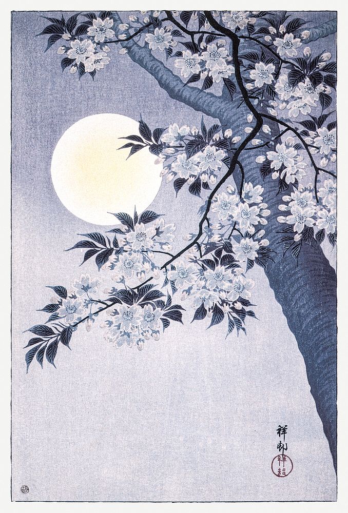 Blossoming Cherry on a Moonlit Night (ca. 1932) by Ohara Koson. Original from the Los Angeles County Museum of Art.…