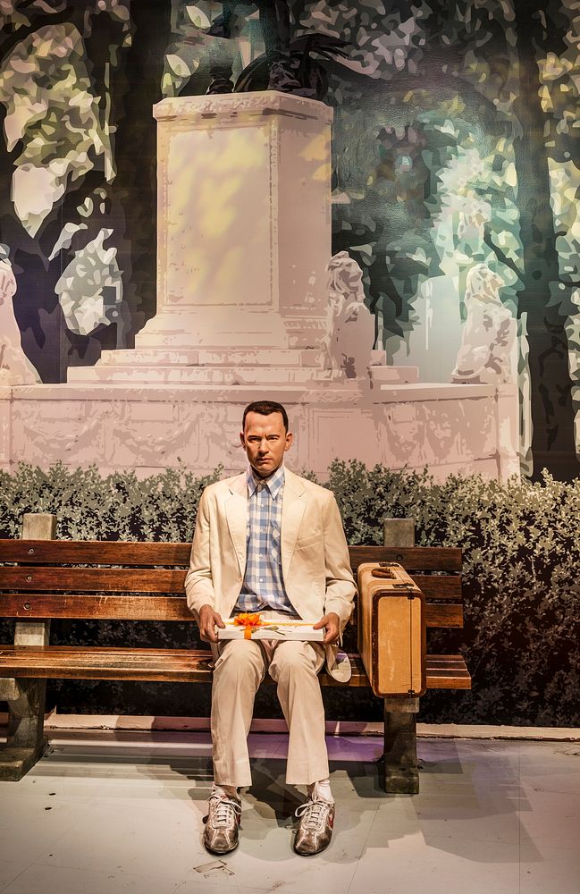 Likeness of Tom Hanks sits at the famous bench from the movie "Forrest Gump" at Madame Tussaud's Wax Museum in the Hollywood…