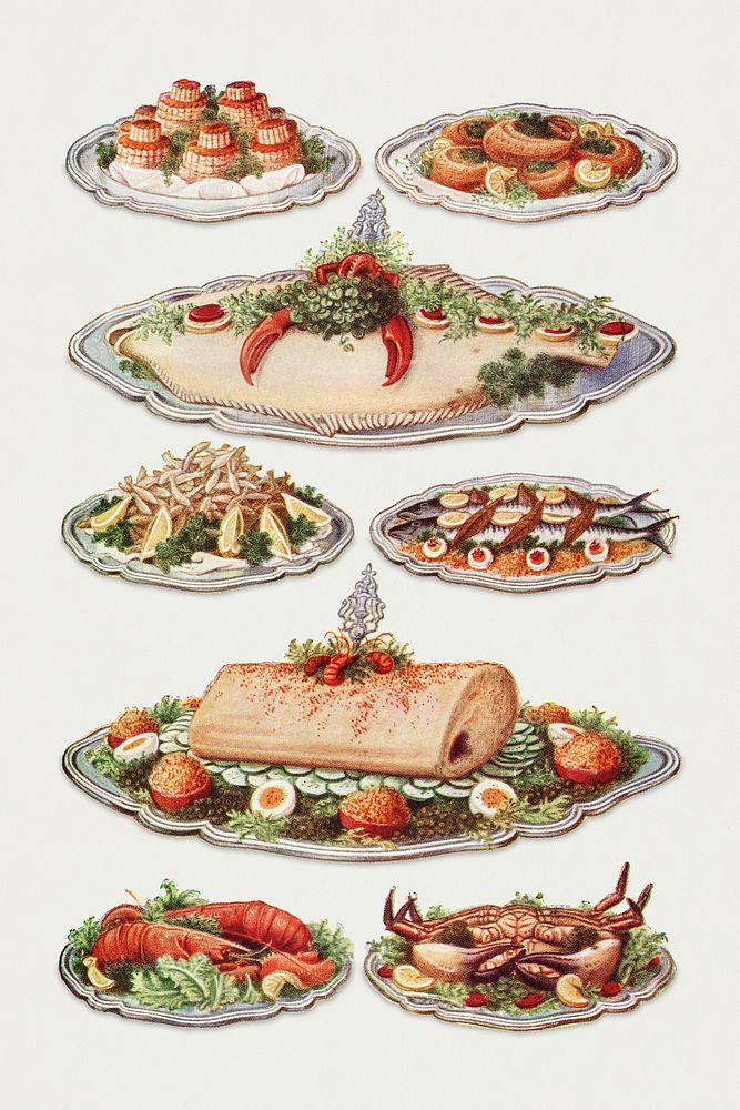 Vintage seafood illustrations of oyster patties, boiled turbot, whitebait, mackerel, mayonnaise of salmon, lobster, and crab…