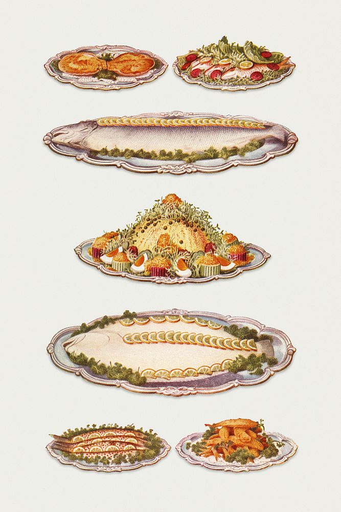 Vintage seafood illustrations of scallops au gratin, red mullet, salmon au naturel, mayonnaise of lobster, turbot, river…