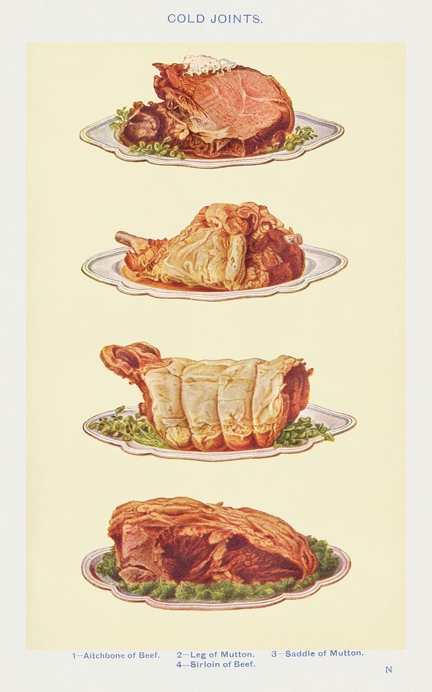 Cold Joints: Aitchbone of Beef, Leg of Mutton, Saddle of Mutton, and Sirloin of Beef from Mrs. Beeton's Book of Household…