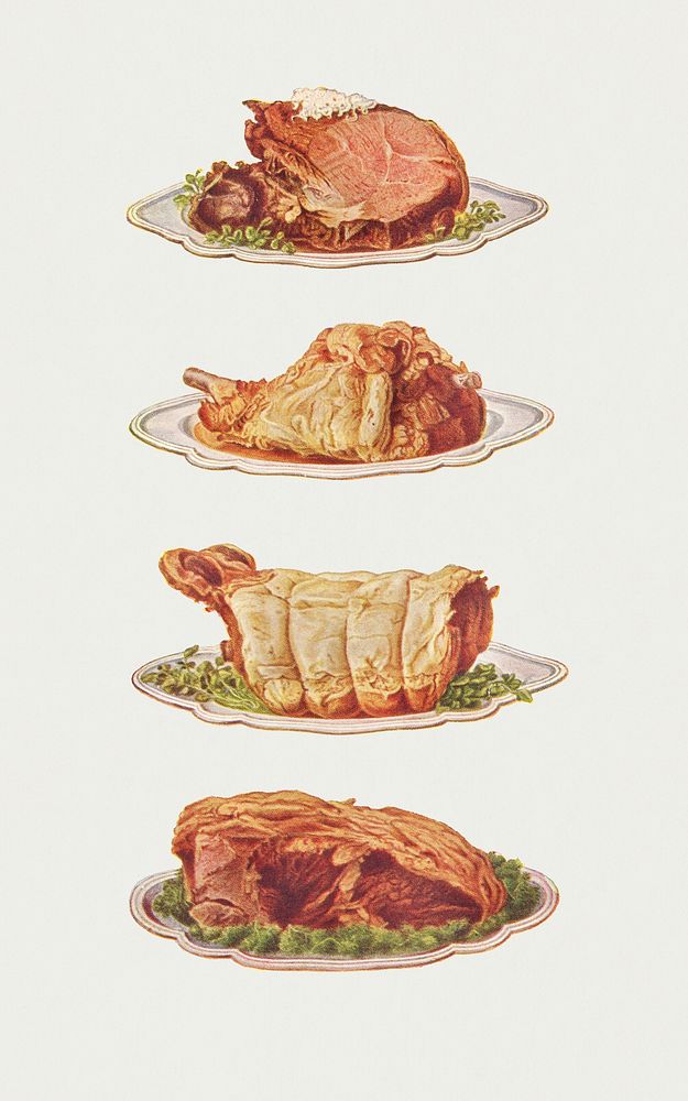 Vintage food illustrations of aitchbone of beef, leg of mutton, saddle of mutton, and sirloin of beef design resources 
