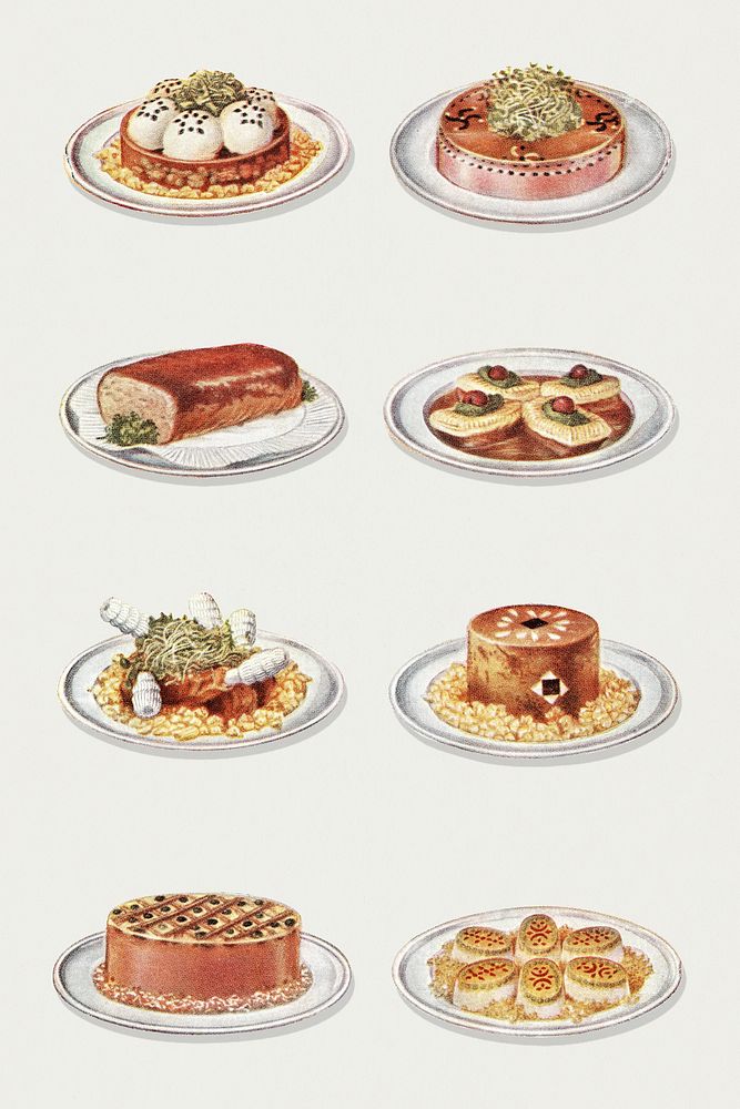 Vintage cold entr&eacute;e illustrations of chicken m&eacute;daillons, cold border of salmon, beef galantine, zephires of…