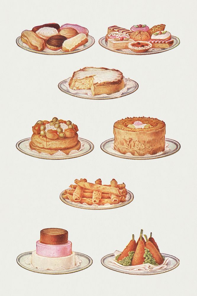 Vintage sweet and gateau illustrations of &eacute;clair, assorted pastry, sponge savoy cake, g&acirc;teaux st.…