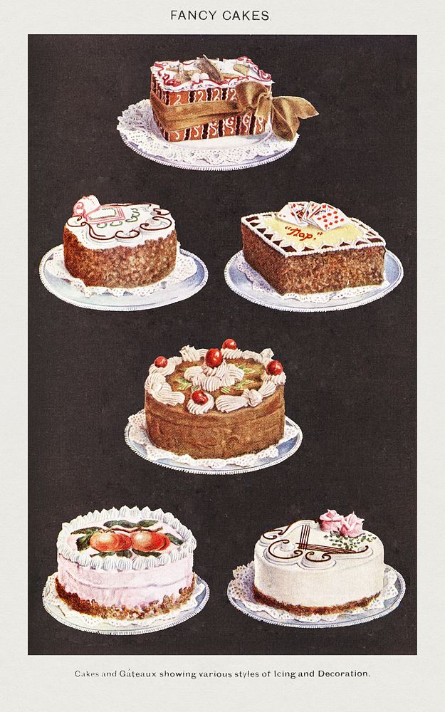 Vintage dessert set of fancy cakes and gateaux illustration design resources