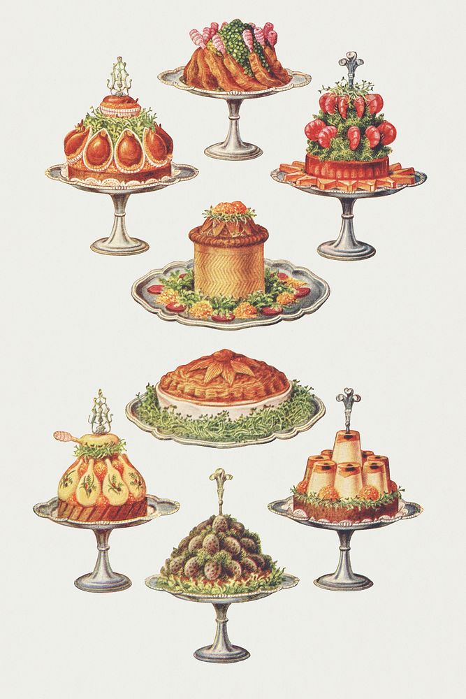 Vintage cold collation dishes of cutlets and peas, stuffed larks in cases, prawns en bouquet, raised game pie, pigeon pie…