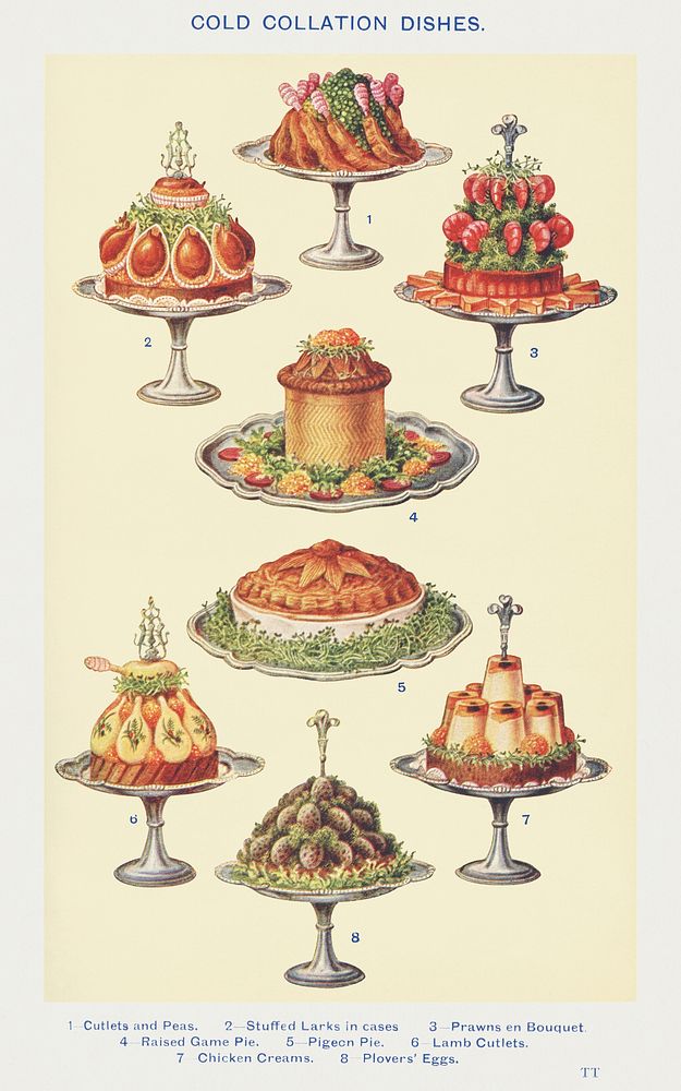 Vintage cold collation dishes of cutlets and peas, stuffed larks in cases, prawns en bouquet, raised game pie, pigeon pie…