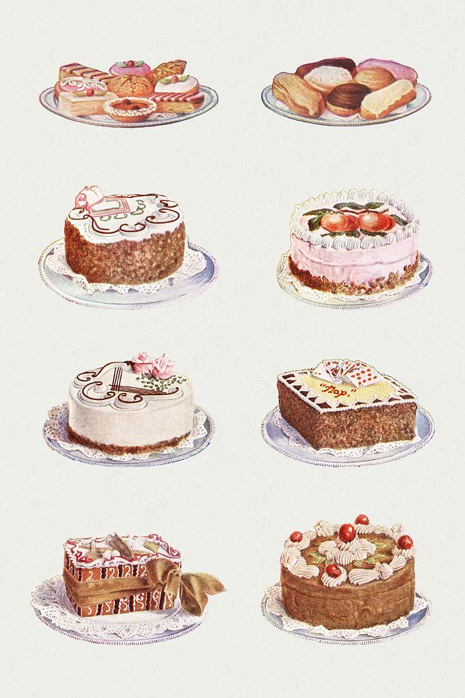 Vintage hand drawn set of cakes design resources