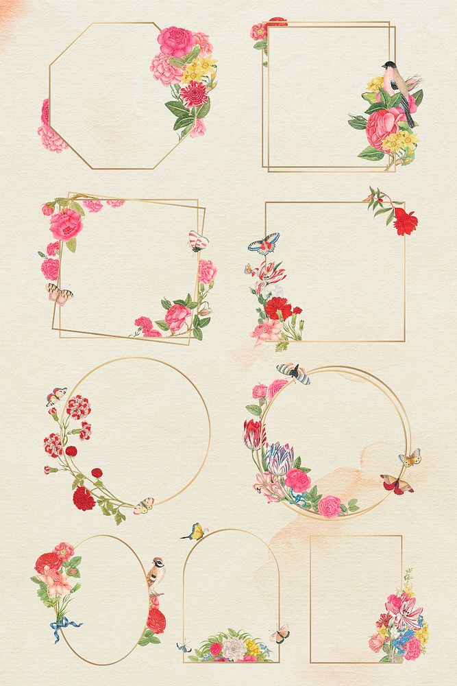 Botanical gold frame set, remixed from the 18th-century artworks from the Smithsonian archive.