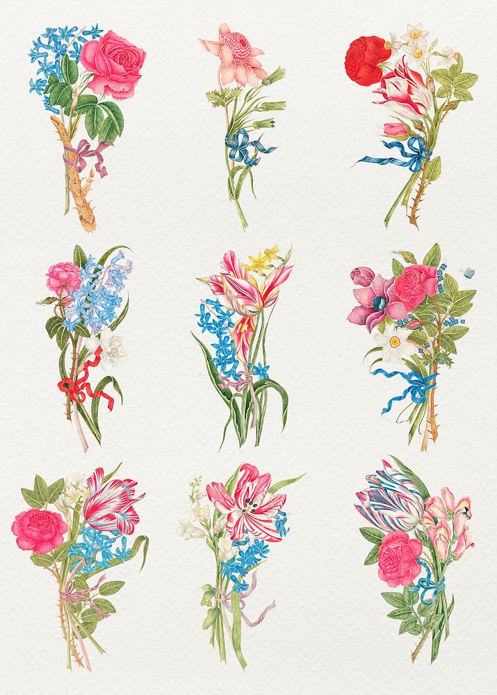 Vintage bouquet psd illustration, remixed from the 18th-century artworks from the Smithsonian archive.