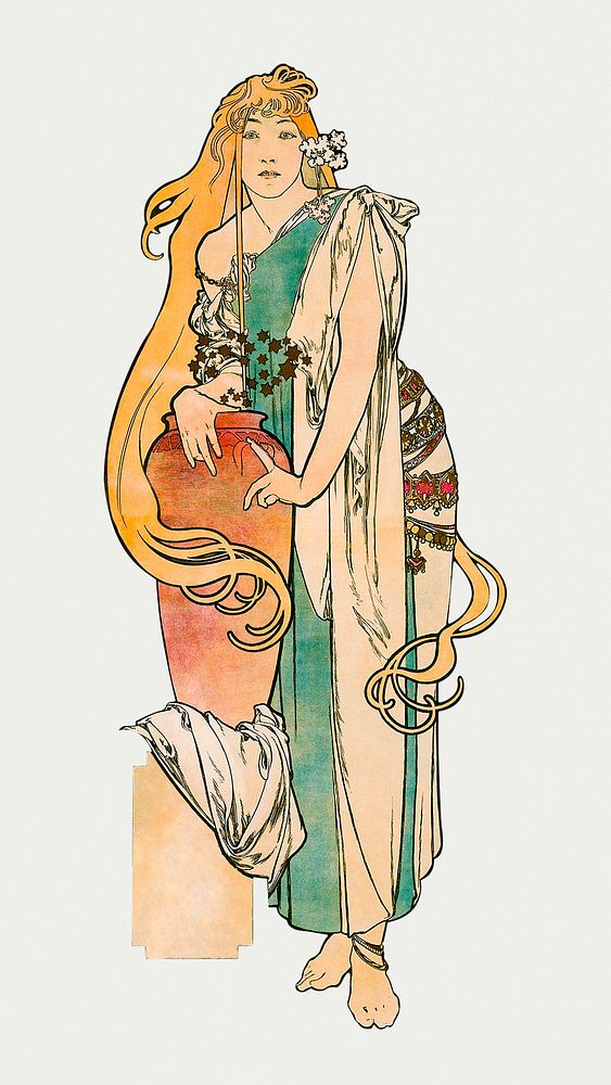 Art nouveau woman with jar psd, remixed from the artworks of Alphonse Maria Mucha
