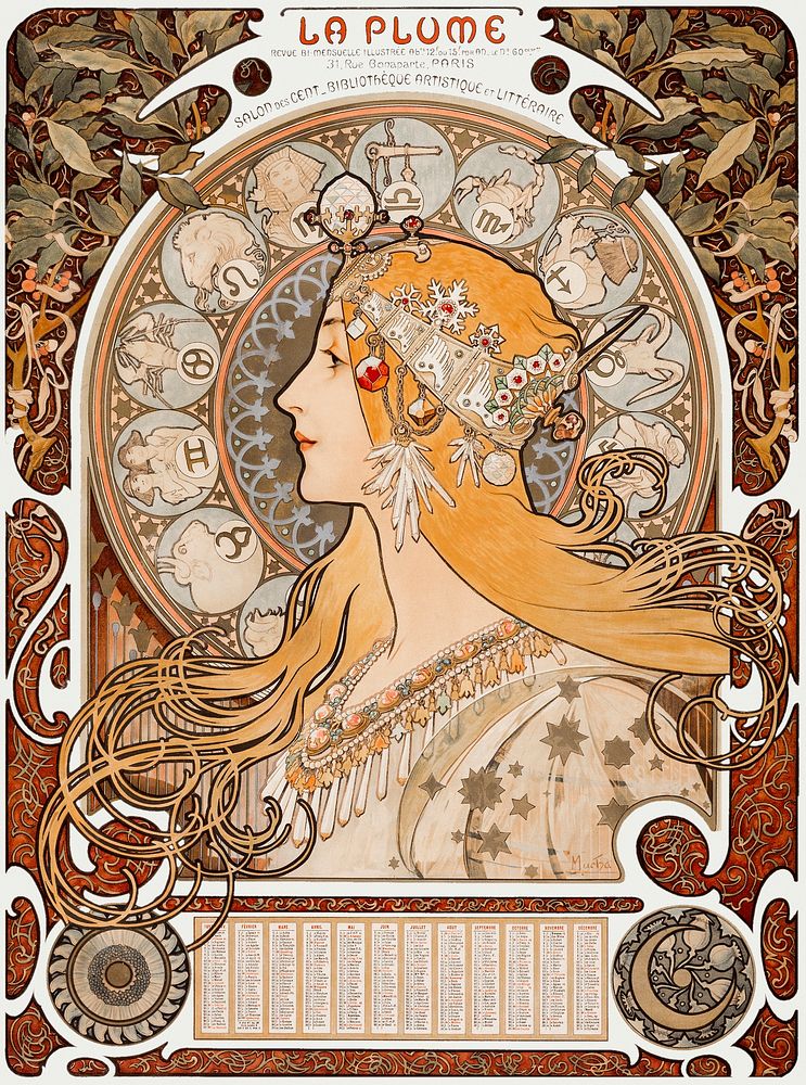 Art nouveau zodiac woman psd poster, remixed from the artworks of Alphonse Maria Mucha