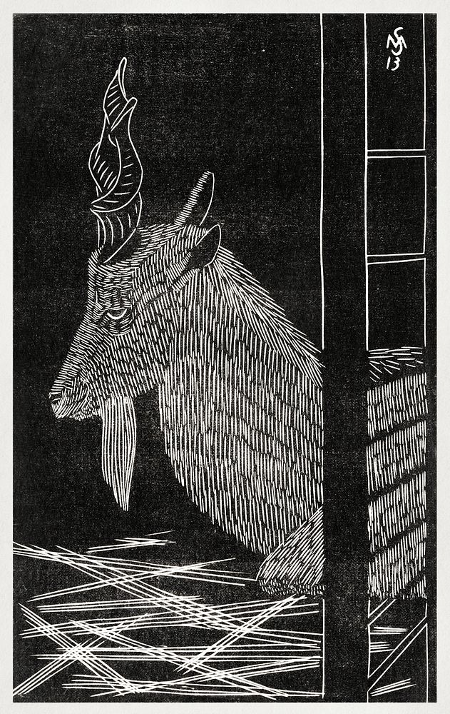 Markhor goat. Sitting deer in a cage. (Markhorgeit. Zittend hert in een kooi) (1913) print in high resolution by Samuel…