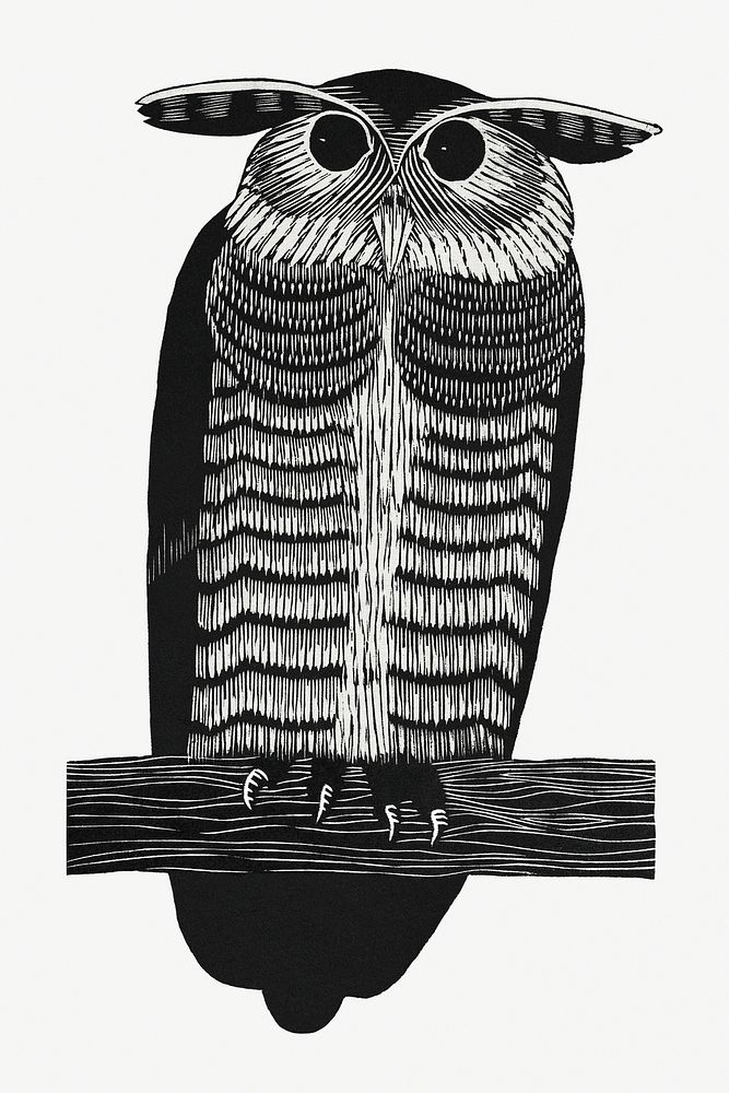 Vintage horned owl psd art print, remix from artworks by Samuel Jessurun de Mesquita