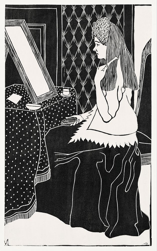 Woman at dressing table (Vrouw aan kaptafel) (c.1899) print in high resolution by Samuel Jessurun de Mesquita. Original from…
