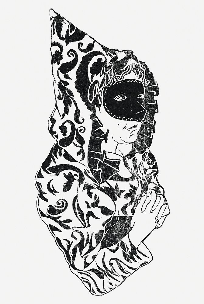 Vintage masked woman with cape art print, remix from artworks by Samuel Jessurun de Mesquita