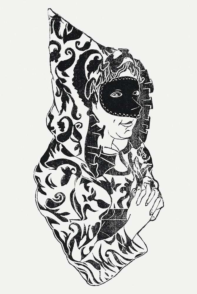 Vintage masked woman with cape psd art print, remix from artworks by Samuel Jessurun de Mesquita