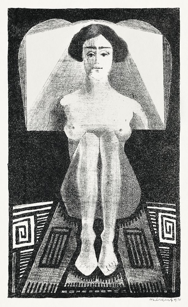 Front view of nude figure in geometric setting (Frontaal gezien, zittend naakt in geometrische omgeving) (1920) print in…