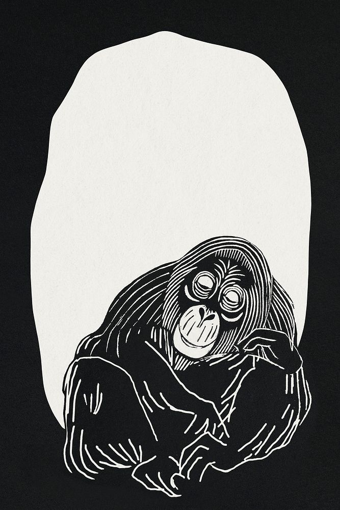 Vintage orangutan psd black frame art print, remix from artworks by Samuel Jessurun de Mesquita