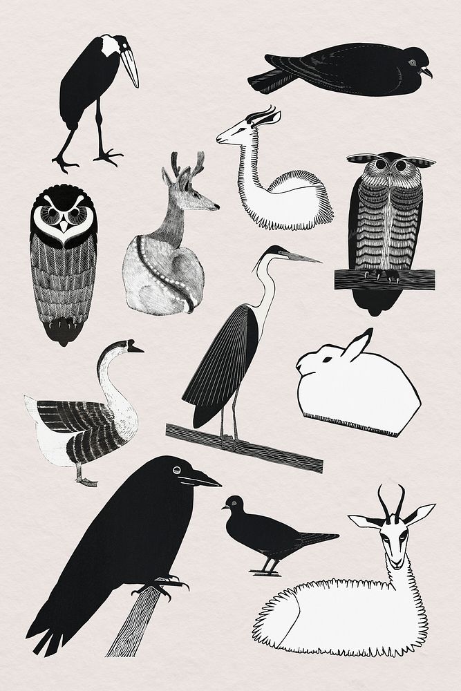 Vintage animal art print set, remix from artworks by Samuel Jessurun de Mesquita