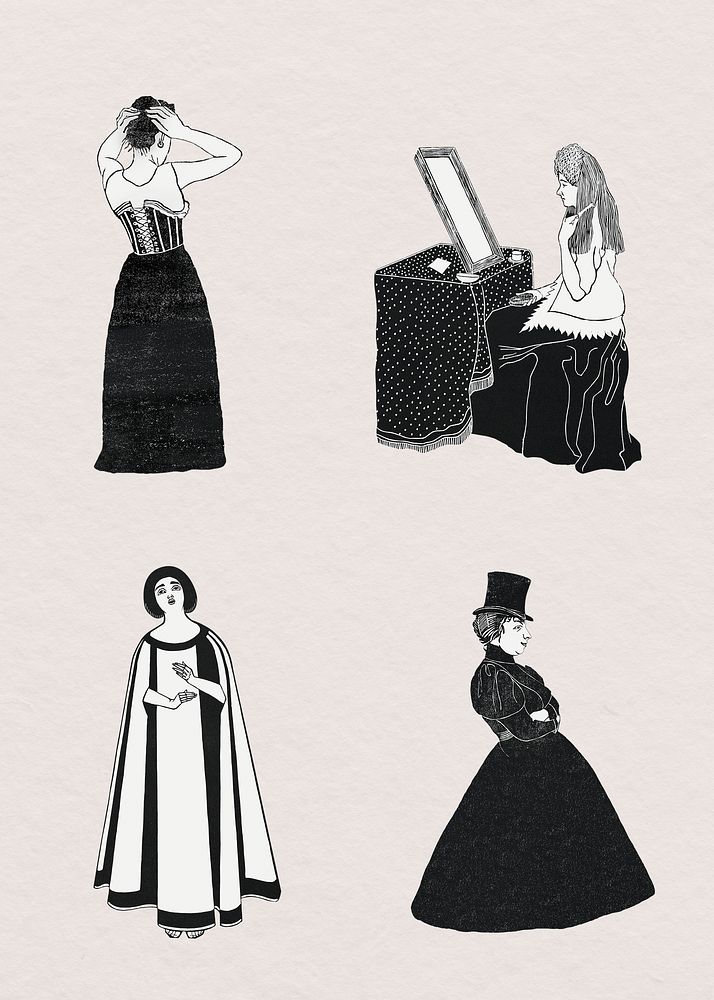Vintage woman character psd art print set, remix from artworks by Samuel Jessurun de Mesquita
