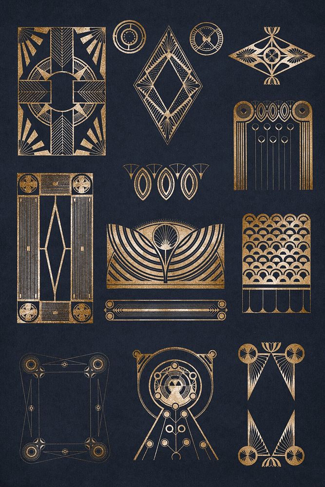 Vintage Gatsby golden ornament set art print, remix from artworks by Samuel Jessurun de Mesquita