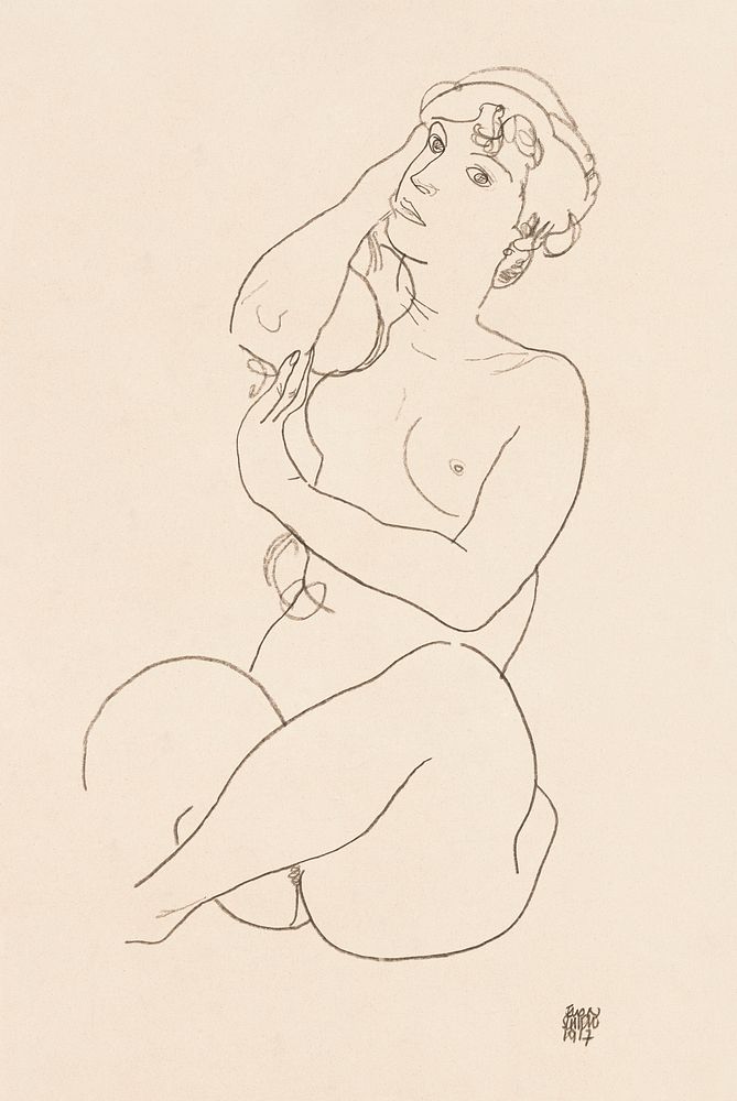 Naked lady. Nude (1917) by Egon Schiele. Original female line art drawing from The MET museum. Digitally enhanced by…
