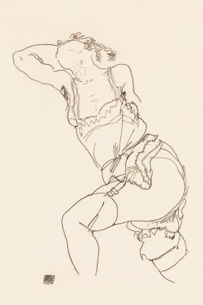 Vulgar lady in lingerie. Reclining Model in Chemise and Stockings (1917) by Egon Schiele. Original female line art drawing…