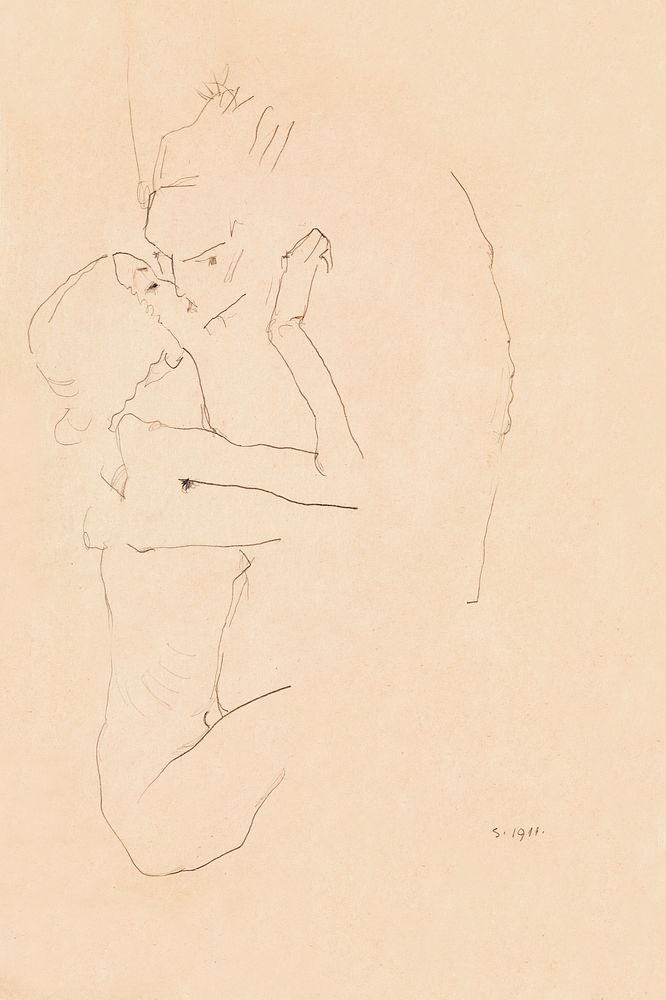 The Kiss (1911) by Egon Schiele. Original female line art drawing from The MET museum. Digitally enhanced by rawpixel.