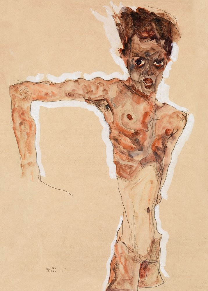 Naked man. Self-Portrait (1911) by Egon Schiele. Original male painting from The MET museum. Digitally enhanced by rawpixel.