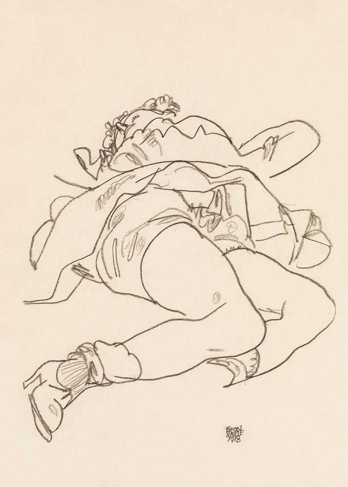 Erotic art woman. Reclining Woman with Raised Skirt (1918) by Egon Schiele. Original female line art drawing from The MET…