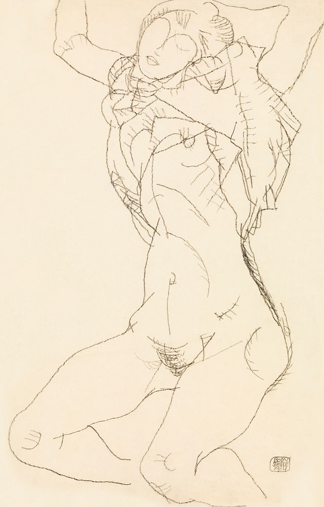 Woman undressing. Seminude with Arms Raised (1914) by Egon Schiele. Original female line art drawing from The MET museum.…