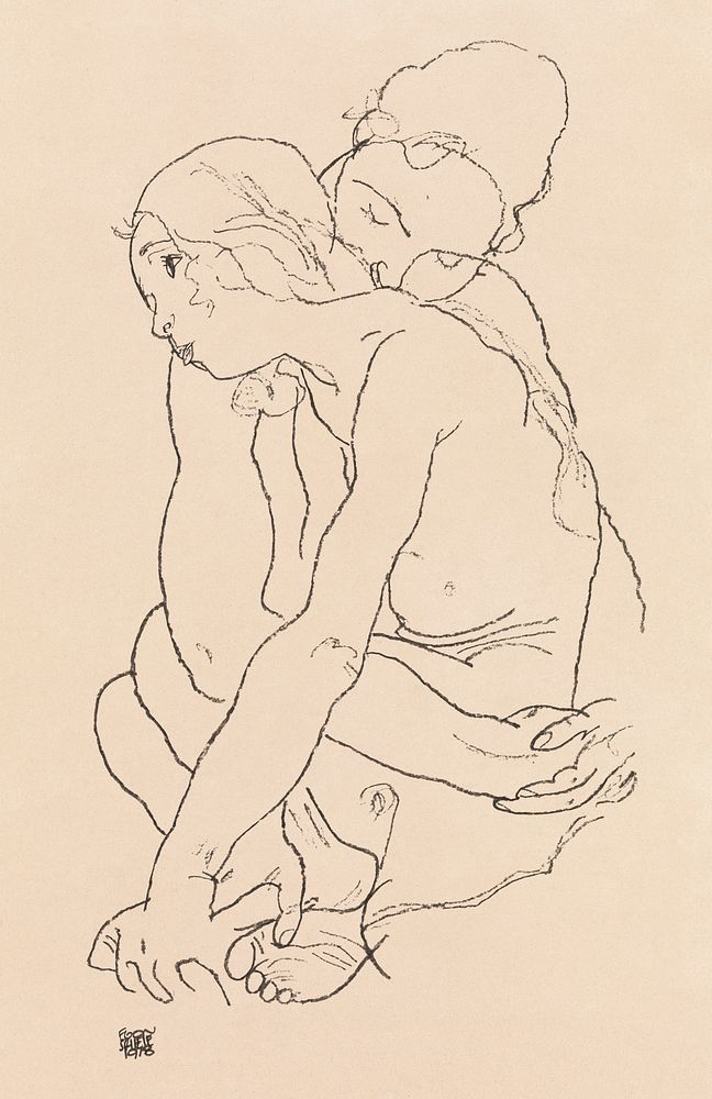 Woman and Girl Embracing (1918) by Egon Schiele. Original female line art drawing from The MET museum. Digitally enhanced by…