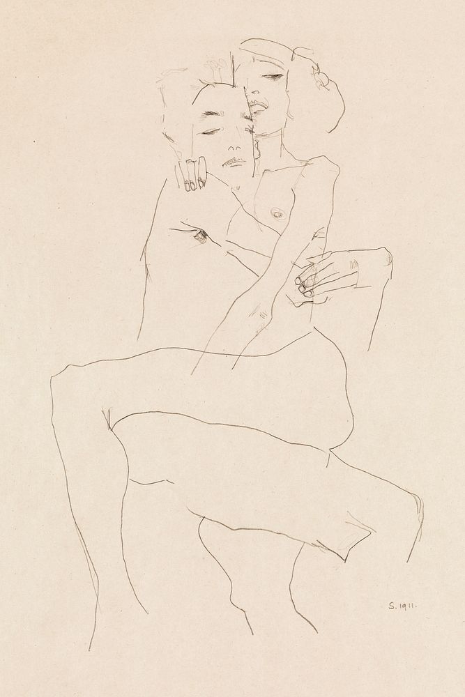 Naked man and woman. Couple Embracing (1911) by Egon Schiele. Original female line art drawing from The MET museum.…