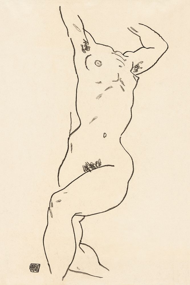 Naked woman. Torso of a Nude (1918) by Egon Schiele. Original female line art drawing from The MET museum. Digitally…