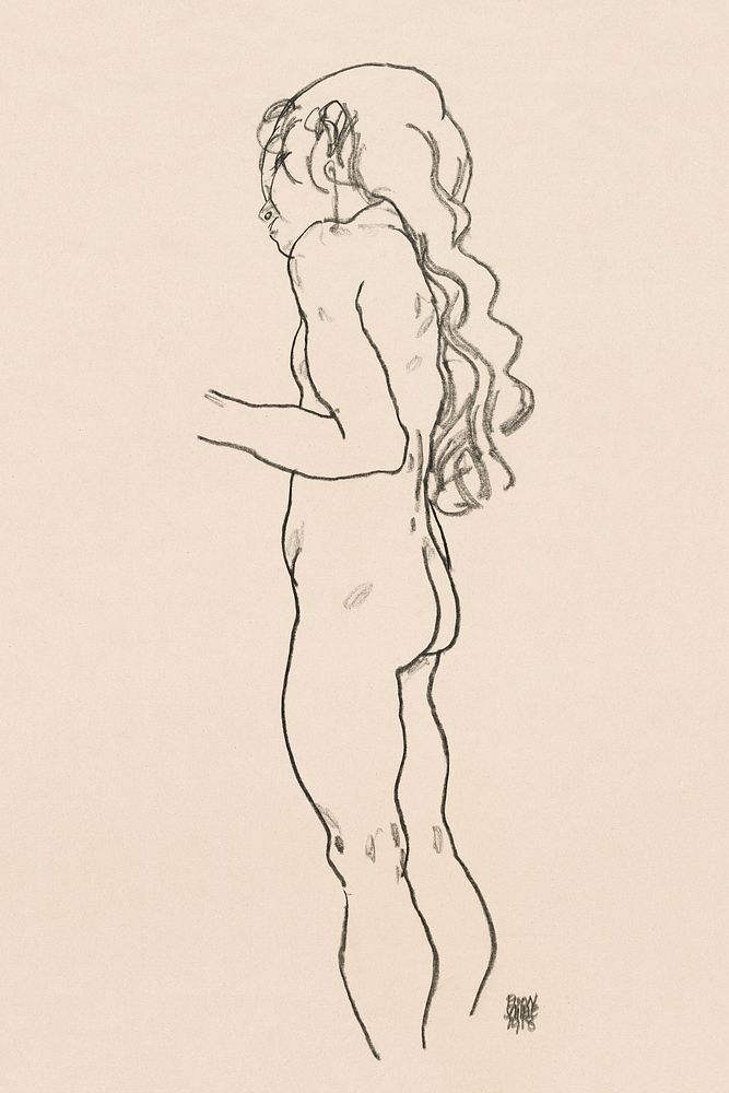 Standing Nude Girl, Facing Left (1918) by Egon Schiele. Original female line art drawing from The MET museum. Digitally…