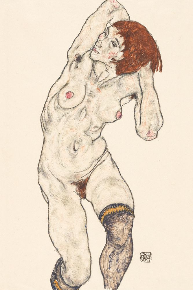 Naked lady. Nude in Black Stocking (1917) by Egon Schiele. female line art drawing from The MET museum. Digitally enhanced…