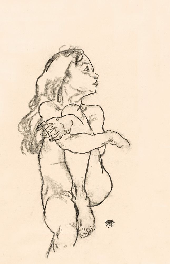 Seated Nude Girl Clasping Her Left Knee (1918) by Egon Schiele. Original female line art drawing from The MET museum.…
