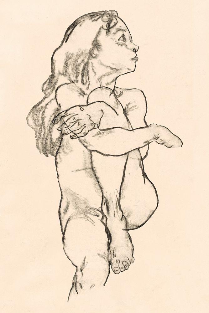Vintage sitting nude woman psd remixed from the artworks of Egon Schiele.