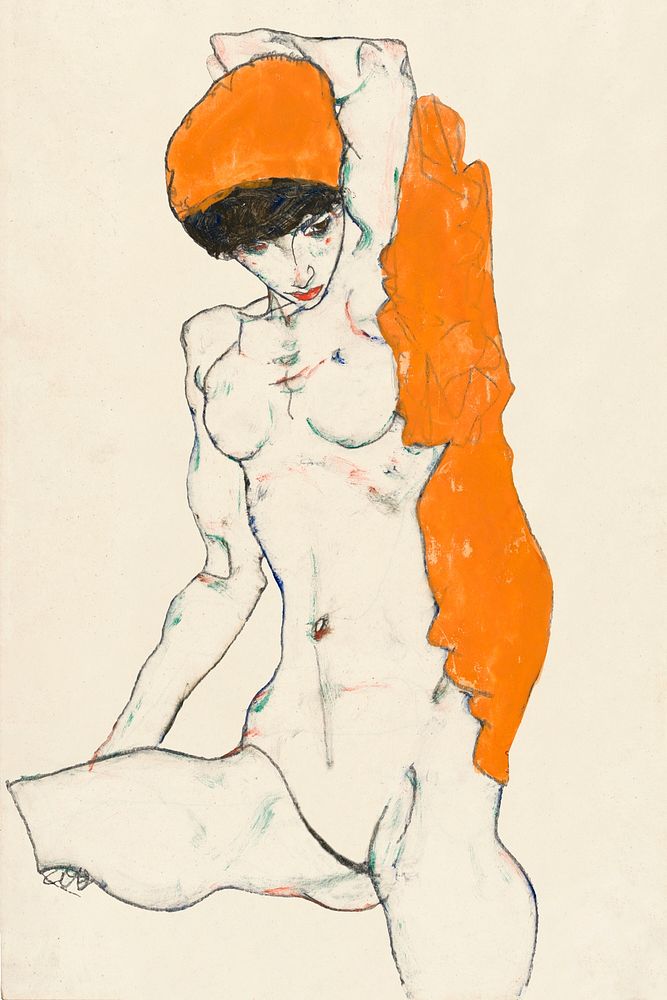 Nude woman raising an orange drapery psd remixed from the artworks of Egon Schiele.