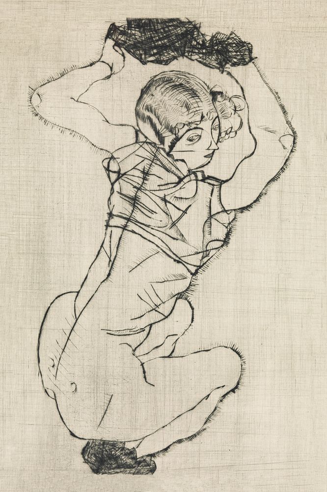 Naked lady. Squatting Woman (1914) by Egon Schiele. Original female line art drawing from The MET museum. Digitally enhanced…